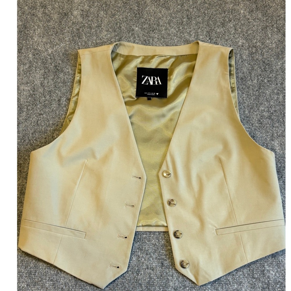 Zara Womens Tailored Cropped Waistcoat Vest Beige Khaki V-Neck Size Large